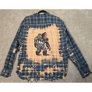 OOAK Upcycled Flannel Shacket Shirt Bigfoot Sasquatch Graphic Boyfriend Fit XXL